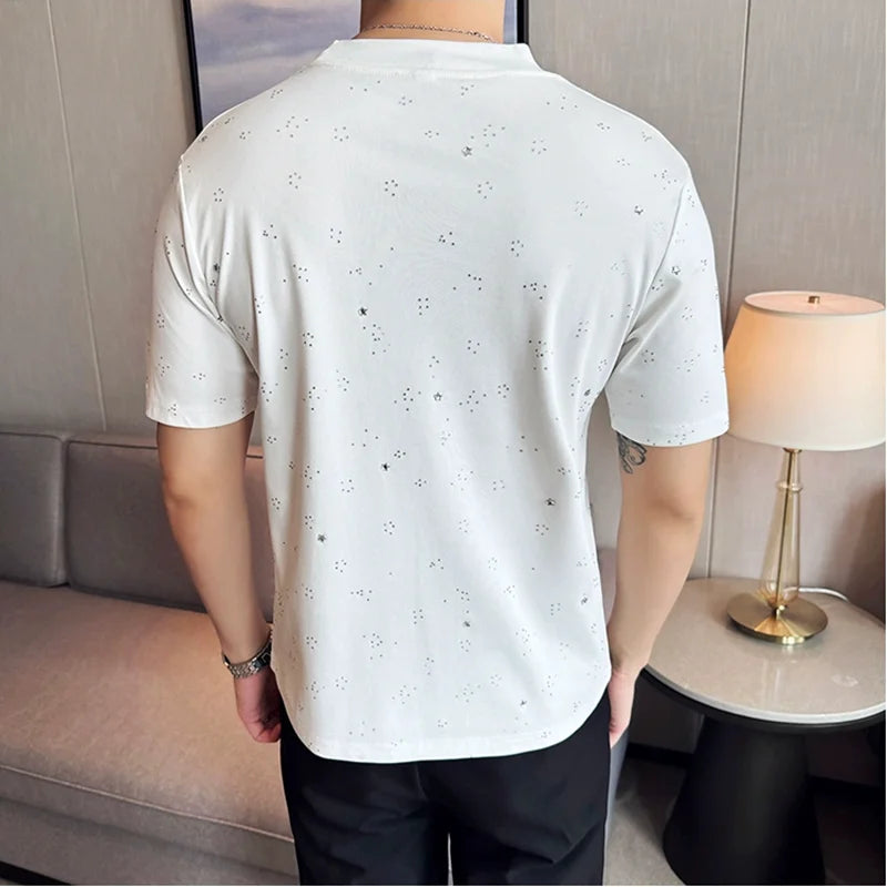 Camiseta casual com gola em O masculina, luxo coreano, elástica, manga curta, fina, design de diamantes, elegante, festa, verão