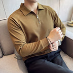 Camisa Polo masculina de Mangas Compridas Metade Zip, T-Shirt Pescoço V, Elástico Espessado, Casual Business Tee, Streetwear, 4XL-M, Primavera, Outono