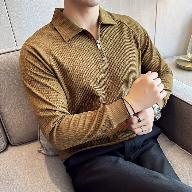 Camisa Polo masculina de Mangas Compridas Metade Zip, T-Shirt Pescoço V, Elástico Espessado, Casual Business Tee, Streetwear, 4XL-M, Primavera, Outono