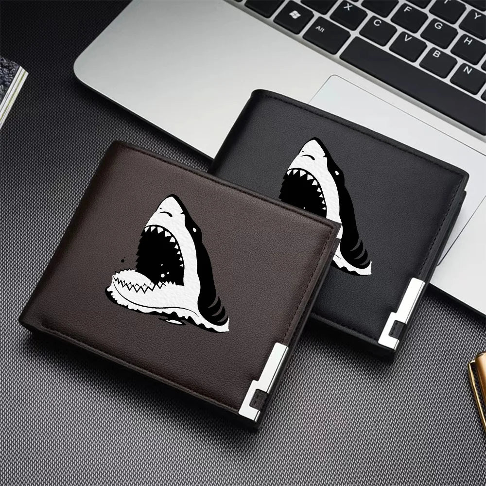 Carteira curta dobrável com estampa de tubarão branco, porta cartão masculino, presente de aniversário para meninos