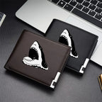 Carteira curta dobrável com estampa de tubarão branco, porta cartão masculino, presente de aniversário para meninos