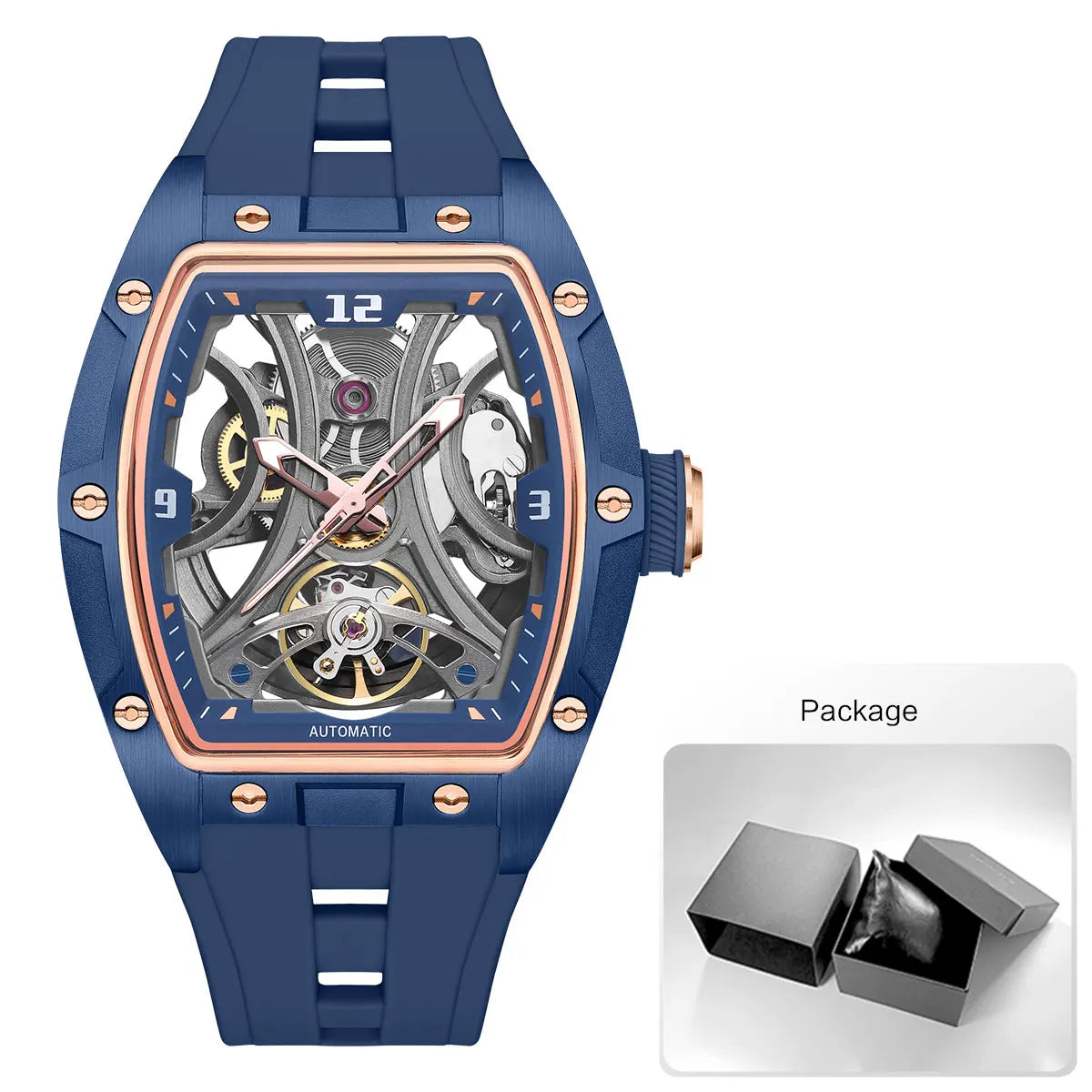 MEGIR Moda Esportes Relógio Mecânico para Homens Relógio de Pulso Automático com Pulseira de Silicone Transparente Tonneau Dial