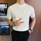 Bolso no peito design em torno do pescoço camiseta 2025 verão novos versatiles fino ajuste cor sólida manga curta casual t camisas preto/branco