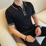 Camisa polo de seda gelo de malha com decote em v masculina 2025 verão moda sólida manga curta t camisa masculina fino ajuste casual camisetas topos