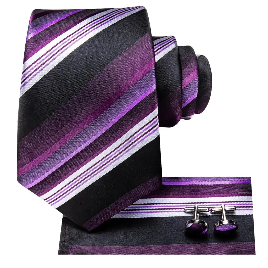 Gravata elegante de seda listrada para homens, gravata de casamento para negócios, moda designer de gravata, abotoadura manual, roxa e branca, gravata