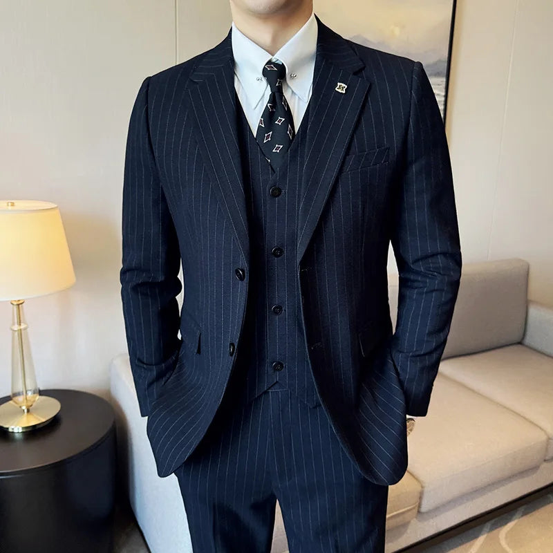 7xl-m (jaqueta + colete + calças) estilo italiano luxo listrado masculino festa smoking moda masculina casamento social fino ajuste terno 3 peça conjunto