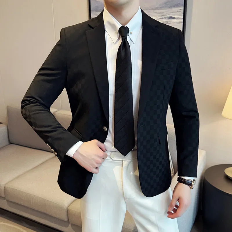 Blazers de negócios quadriculados slim fit para homens, jaqueta formal, botão único, festa social, moda luxuosa, tamanho grande, 5XL, 24, 2024