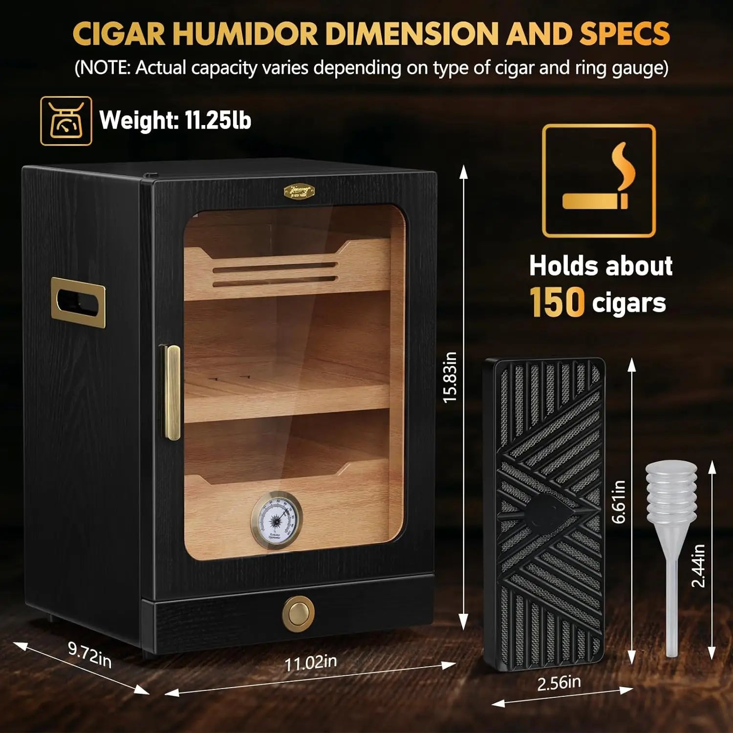 Armário de umidificador de charuto de mesa, controle de luz, prateleiras de madeira de cedro, higrômetro, umidificadores, gaveta de acessórios de charuto