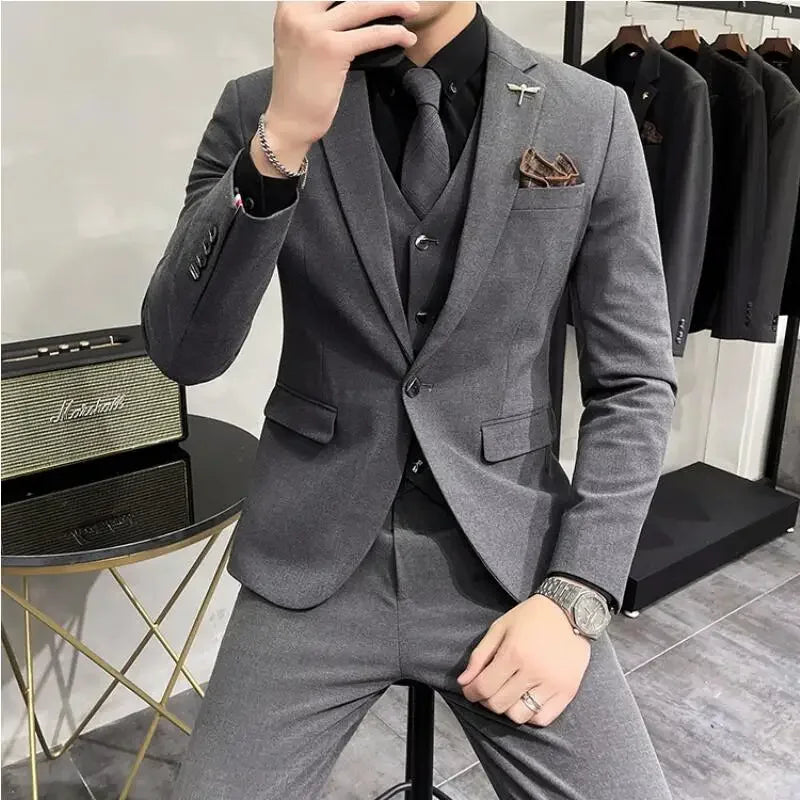 (Jaqueta + colete + calça) plus size 7xl-s masculino coreano fino ajuste noivo casamento negócios casual smoking masculino trabalho terno social 3 peças