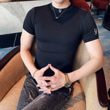 Camiseta bordada de luxo masculina, manga curta, slim fit, T elástica apertada, pulôver, camiseta casual de fitness, alta qualidade, verão, 2022