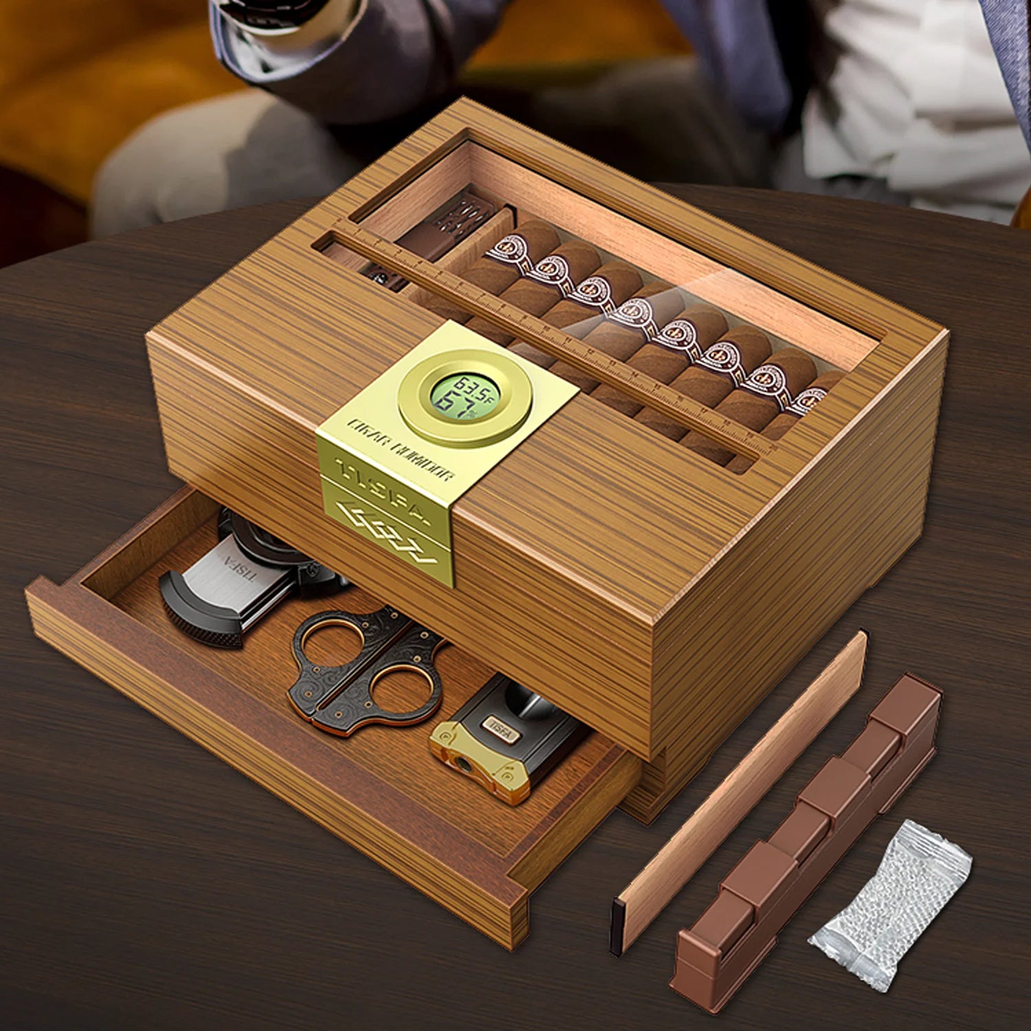 Umidificador de caixa de charuto com higrômetro e umidificador, caixa de madeira de cedro com gaveta, divisor, medidor de comprimento, presente de caixa de umidificador de mesa
