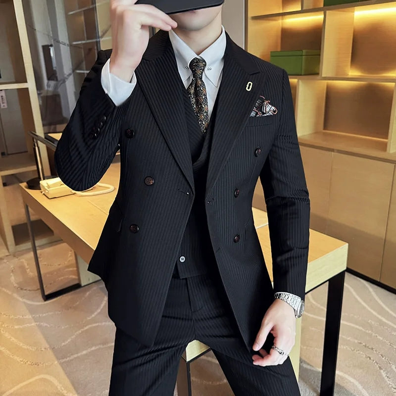 (Jaquetas + calças + colete) terno masculino listrado de luxo de alta qualidade duplo breasted elegante moda smoking formal noivo casamento terno social