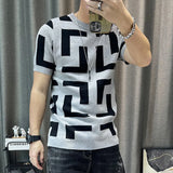 Camiseta coreana de malha com decote em O masculina, blusa de manga curta, camiseta justa, streetwear casual masculino, clube social, luxo, outono, 2022