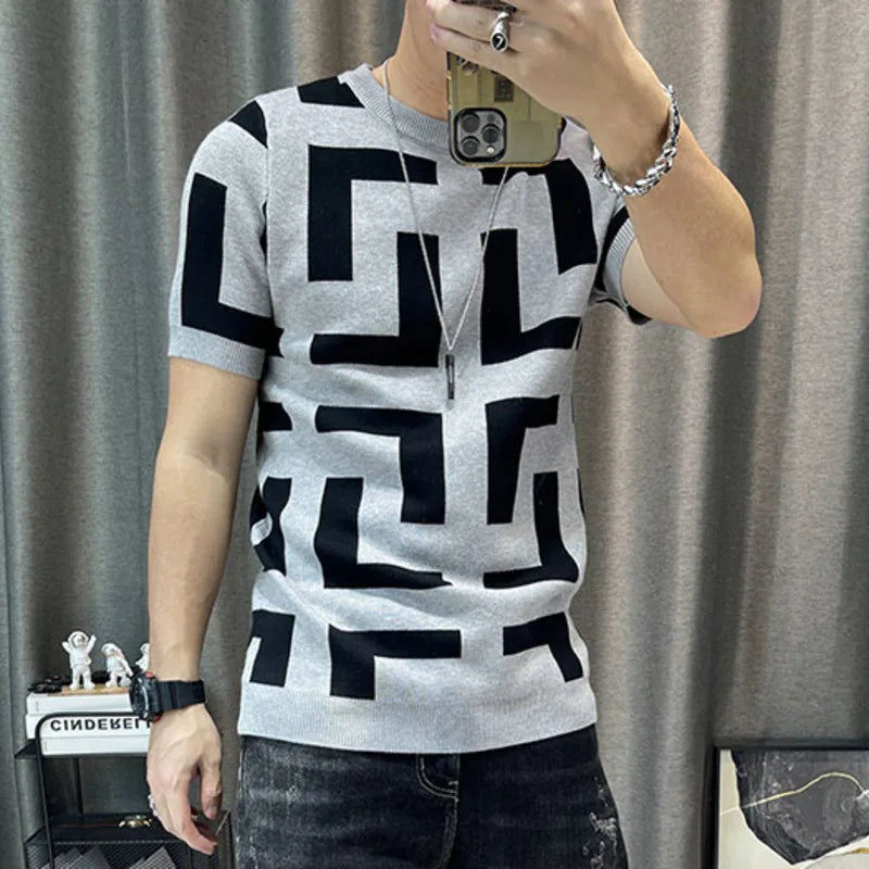 Camiseta coreana de malha com decote em O masculina, blusa de manga curta, camiseta justa, streetwear casual masculino, clube social, luxo, outono, 2022