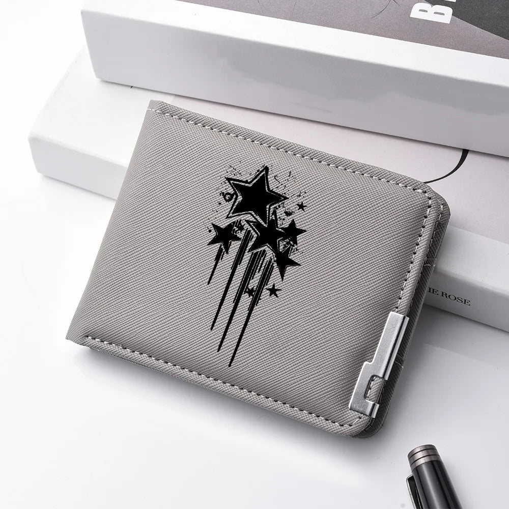 Carteira curta masculina de couro PU casual criativa com estampa de estrela preta adequada para carteira de negócios