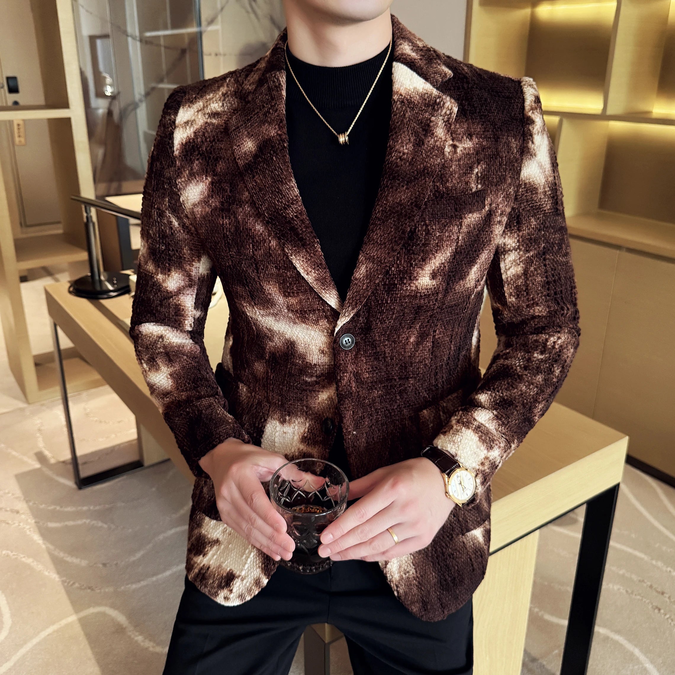 Alta qualidade tie dye chenille moda masculina casual terno jaqueta outono inverno novo coreano fino ajuste terno de casamento social blazer