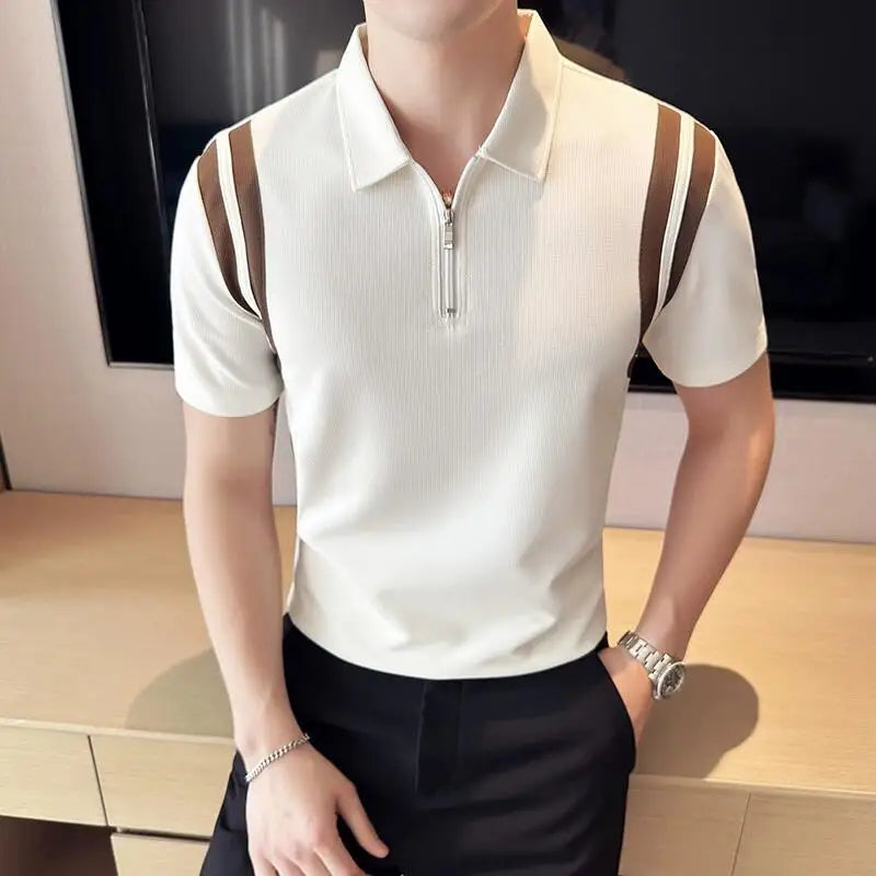Verão Alta Elastic Stripe Manga Curta Polo Camisas 2023 Homens de Negócios Casual Zipper T-shirt Tops Streetwear Plus Size 4XL-M
