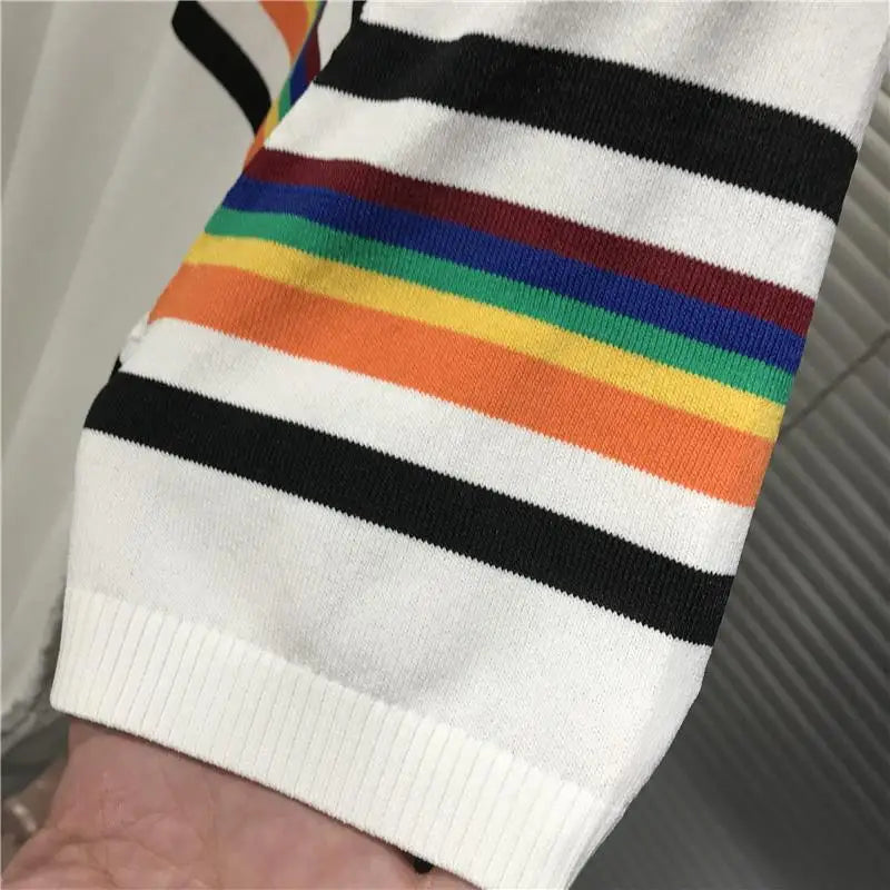Camiseta de malha listra colorida masculina, manga curta, gola O, streetwear casual, verão, 2022