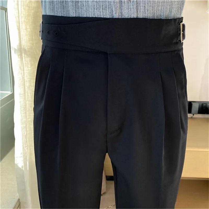 Estilo britânico masculino cintura alta vestido casual calça masculina cinto design calças finas formal escritório social festa de casamento vestido terno calças