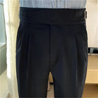 Estilo britânico masculino cintura alta vestido casual calça masculina cinto design calças finas formal escritório social festa de casamento vestido terno calças