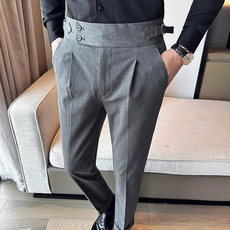 Outono inverno cintura alta calças de vestido de negócios dos homens casual cinto design fino terno calças formal casamento festa social calças masculinas