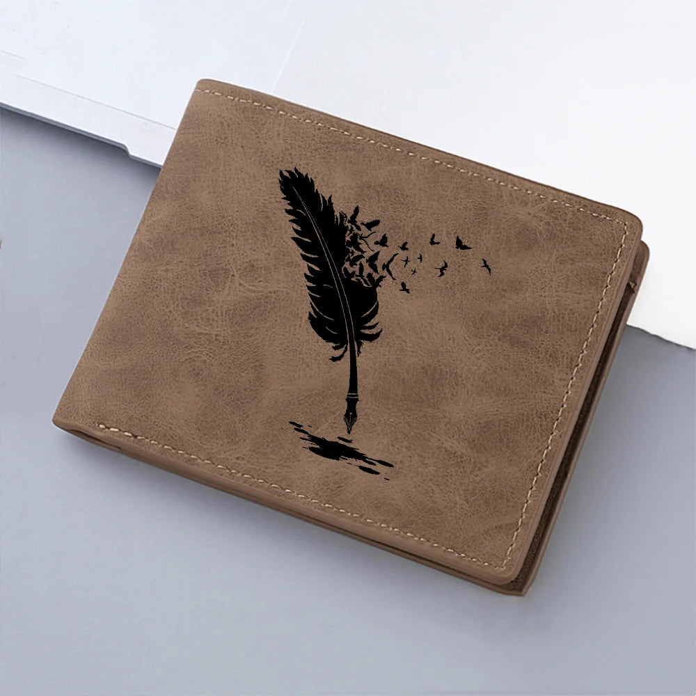 Nova carteira masculina premium com padrão de pena de anjo preto com vários slots para cartões, bolso para moedas, zíper, carteira rígida masculina