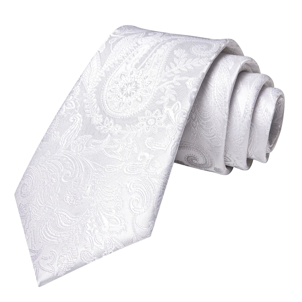 Hi-tie paisley branco texturizado gravata masculina elegante e elegante gravatas masculinas abotoaduras bolso quadrado banquete casamento