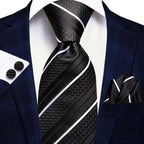 Hi-tie listrado borgonha azul preto masculino elegante gravata lenço abotoaduras 3 pçs conjunto moda clássico seda gravata de luxo para homem