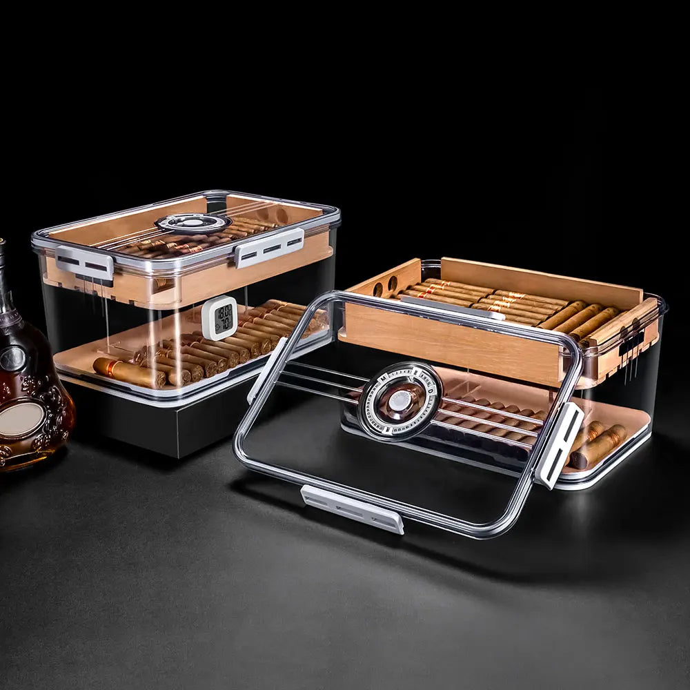 Humidor de charutos caixa de madeira de cedro selado transparente dupla camada hidratante higrômetro multifuncional caso grande capacidade 100 peças