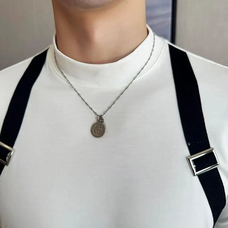 T-shirt de tecido masculino para decoração, slim fit, elástico, gola meia alta, camiseta de manga curta, design de emenda, moda coreana, nova