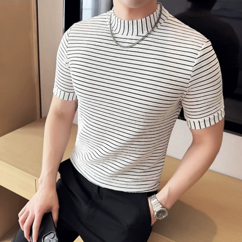 Moda listra impressa t camisas para homens verão casual meia alta pescoço fino ajuste respirável camisetas pullovers roupas masculinas 4xl-m