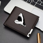 Carteira curta dobrável com estampa de tubarão branco, porta cartão masculino, presente de aniversário para meninos