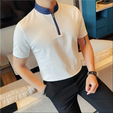 Camiseta masculina de verão com gola alta, moda meio zíper, pulôver, camisetas casuais, cor sólida, manga curta, slim fit