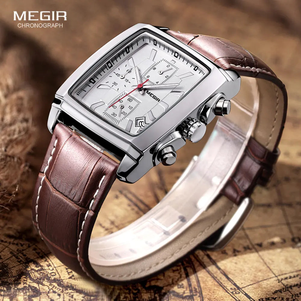 Megir retângulo dial pulseira de couro relógio para homem casual azul cronógrafo relógios de quartzo homem relógio de pulso montre reloj Часы m �