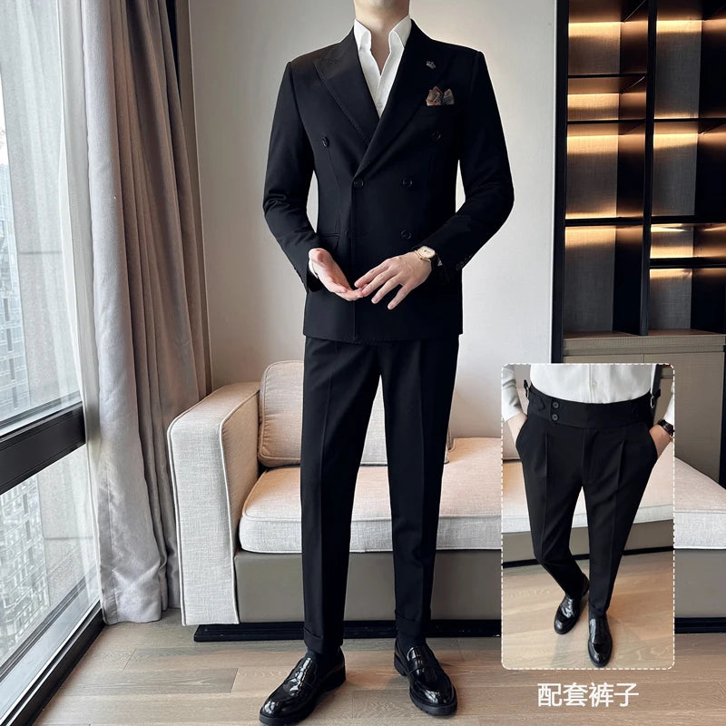 (Blazer + calças) moda duplo breasted design fino terno masculino estilo italiano luxo casamento festa social smoking 2 peça conjunto