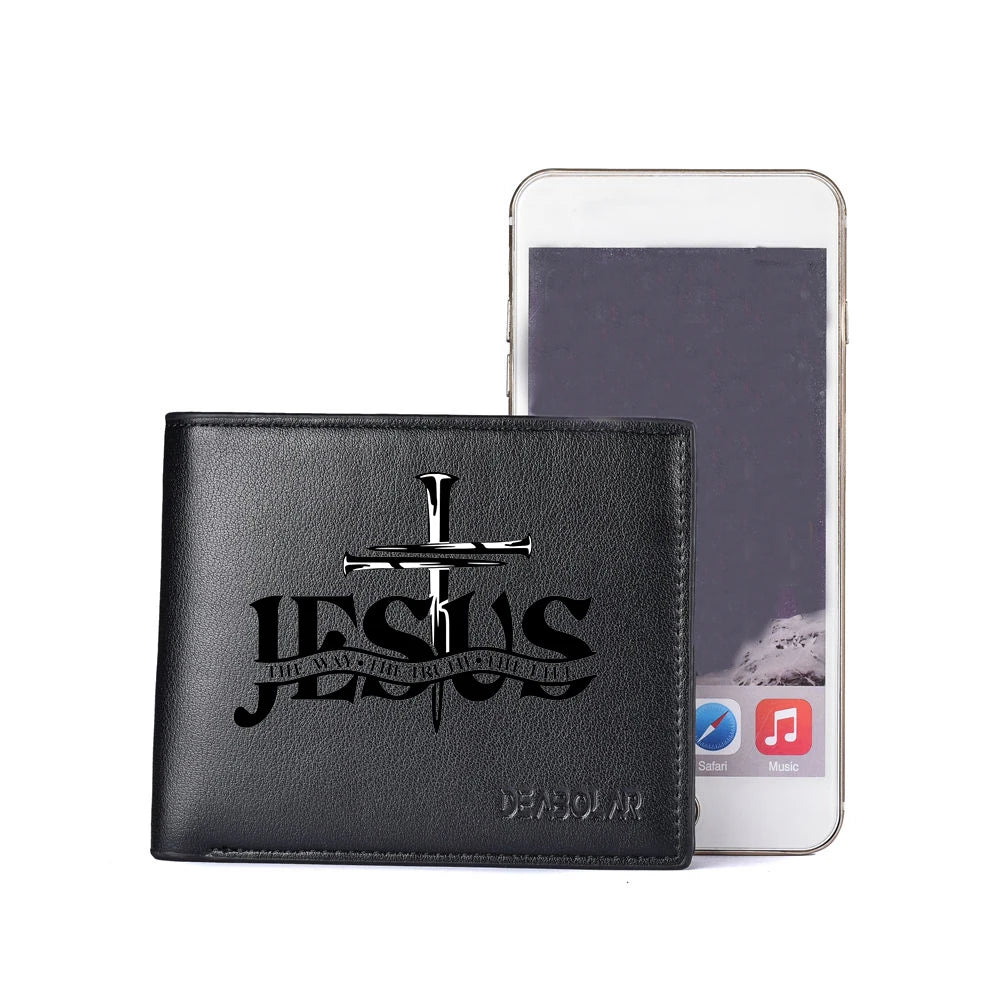 Carteira curta masculina negócios retro jesus padrão multi-slot para cartão zíper moeda bolso carteira masculina de alta qualidade
