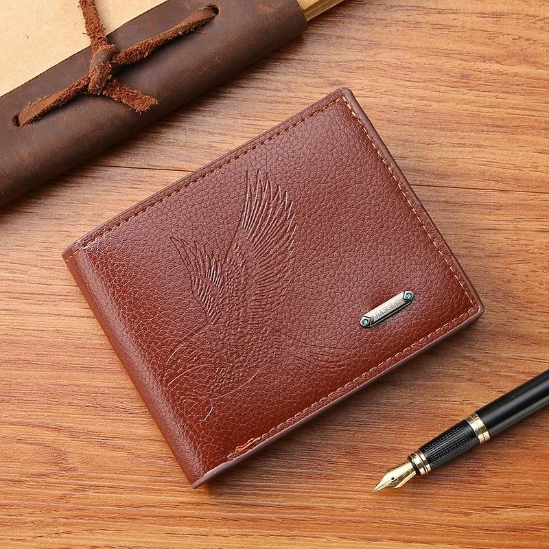 Carteiras de couro masculinas clássicas finas e minimalistas padrão falcão bifold titular do cartão de identificação de crédito carteira bolsa curta fina clipe de dinheiro