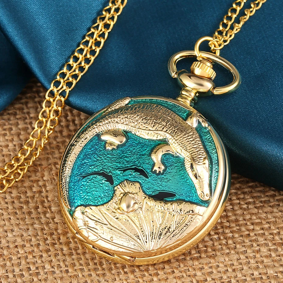 Real de luxo cor dourada crocodilo display quartzo bolso relógio colar moda azul pingente corrente fob steampunk relógios presentes