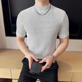 Moda listra impressa t camisas para homens verão casual meia alta pescoço fino ajuste respirável camisetas pullovers roupas masculinas 4xl-m