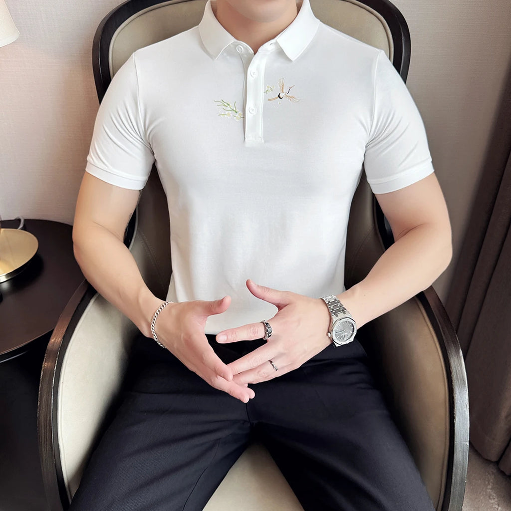 Moda verão novas camisas polo bordadas 2025 masculina de alta qualidade manga curta fino ajuste elástico casual camiseta topo roupas masculinas