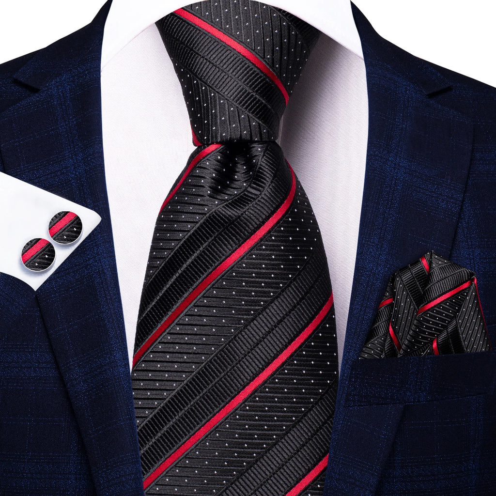 Hi-tie listrado borgonha azul preto masculino elegante gravata lenço abotoaduras 3 pçs conjunto moda clássico seda gravata de luxo para homem