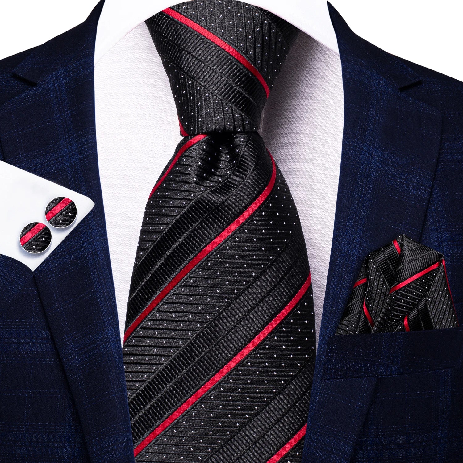 Hi-tie listrado borgonha azul preto masculino elegante gravata lenço abotoaduras 3 pçs conjunto moda clássico seda gravata de luxo para homem