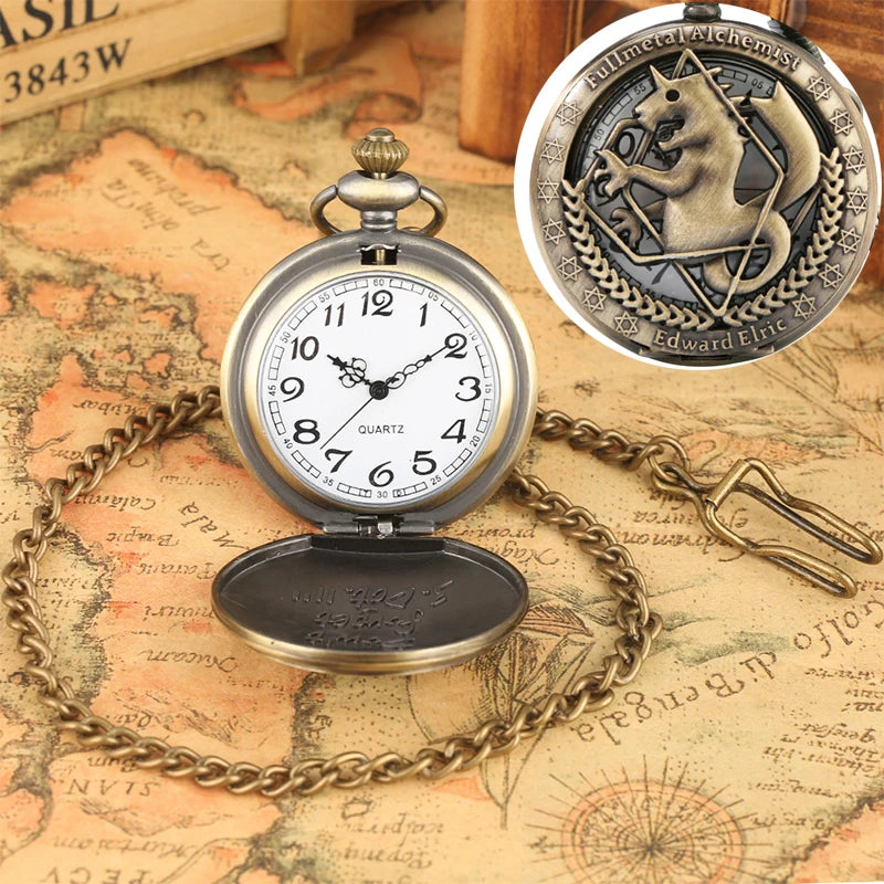 Vintage preto fullmetal alchemist relógio de bolso quartzo steampunk popular edward elric colar corrente fãs cosplay anime relógios