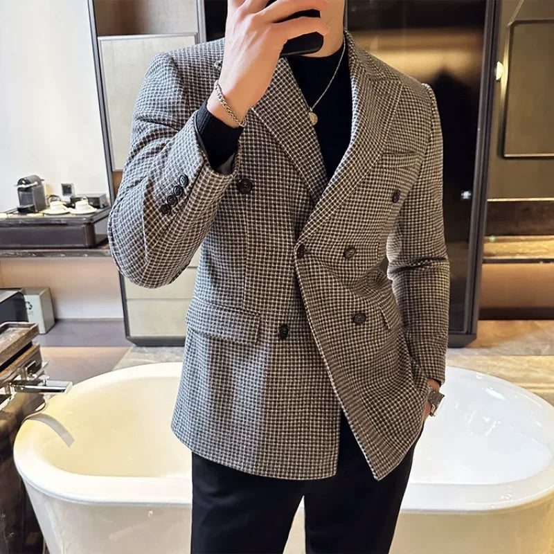 Estilo britânico masculino duplo breasted fino ajuste blazer 2024 novo houndstooth fino ajuste terno jaqueta formal de negócios vestido de casamento jaqueta