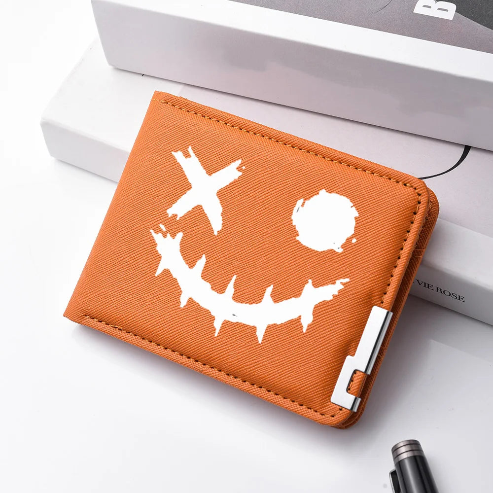 Carteira masculina de couro PU impressa com desenhos animados com vários slots para cartões Slim Funny Expression Design Carteira compacta elegante