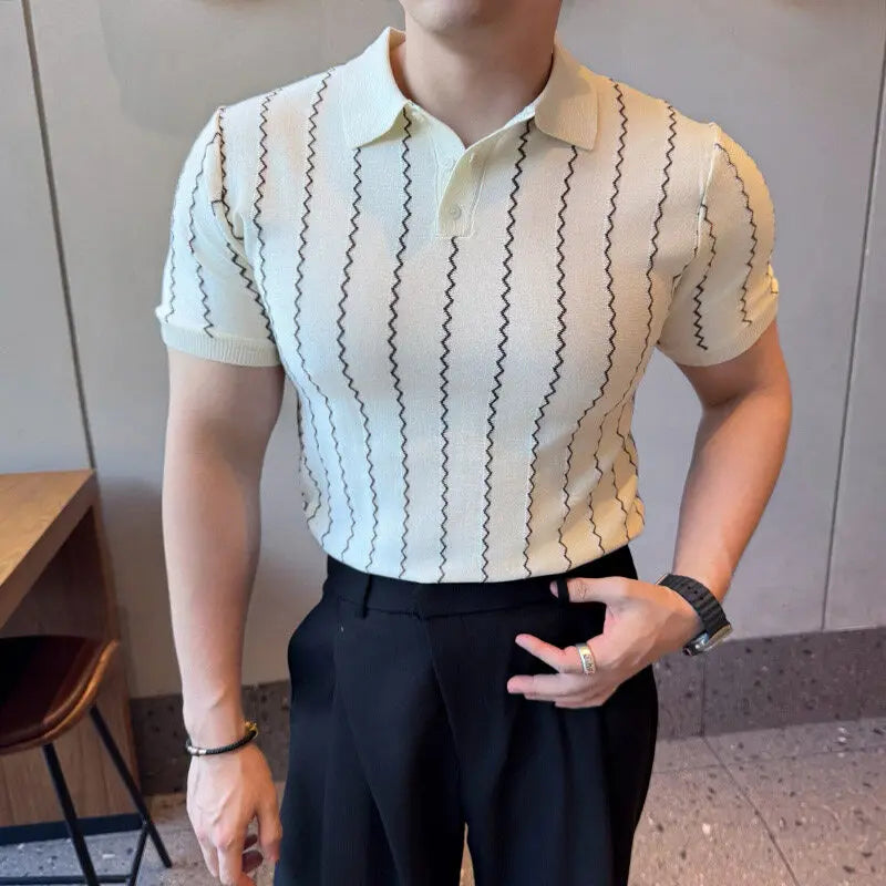 2025 verão masculino listras onduladas polos camisas moda turn-down colarinho simplicidade fino ajuste manga curta de malha t camisas topos