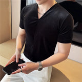 Camisetas elásticas com decote em v de veludo 2025 verão novo ajuste fino respirável manga curta camiseta cor sólida moda casual camisetas