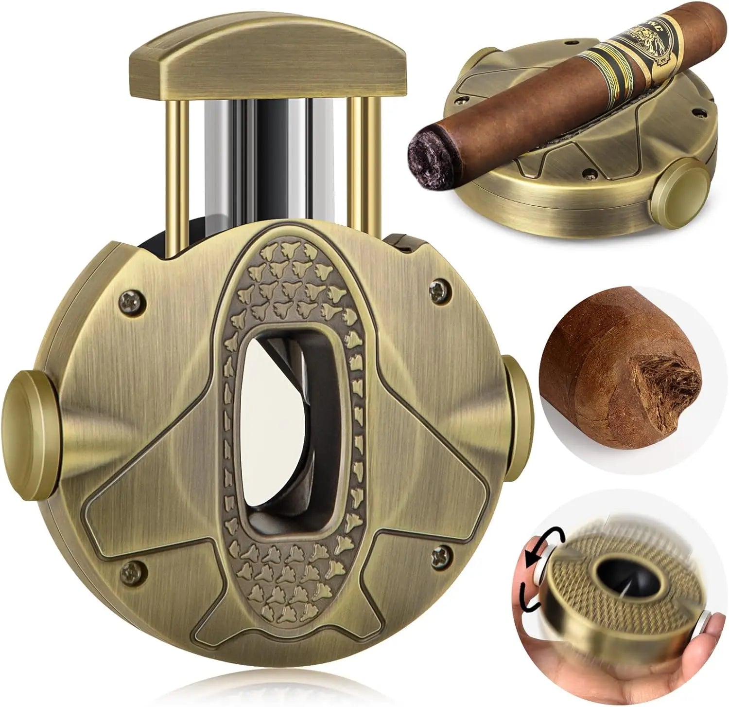 Cortador de charuto 3-1 com lâmina de aço inoxidável, suporte de charuto e rotador de descompressão, cortador de charuto redondo projetado ergonomicamente