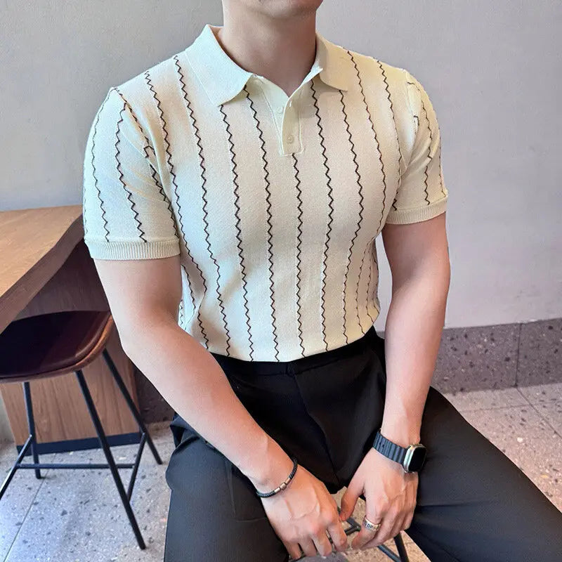 2025 verão masculino listras onduladas polos camisas moda turn-down colarinho simplicidade fino ajuste manga curta de malha t camisas topos