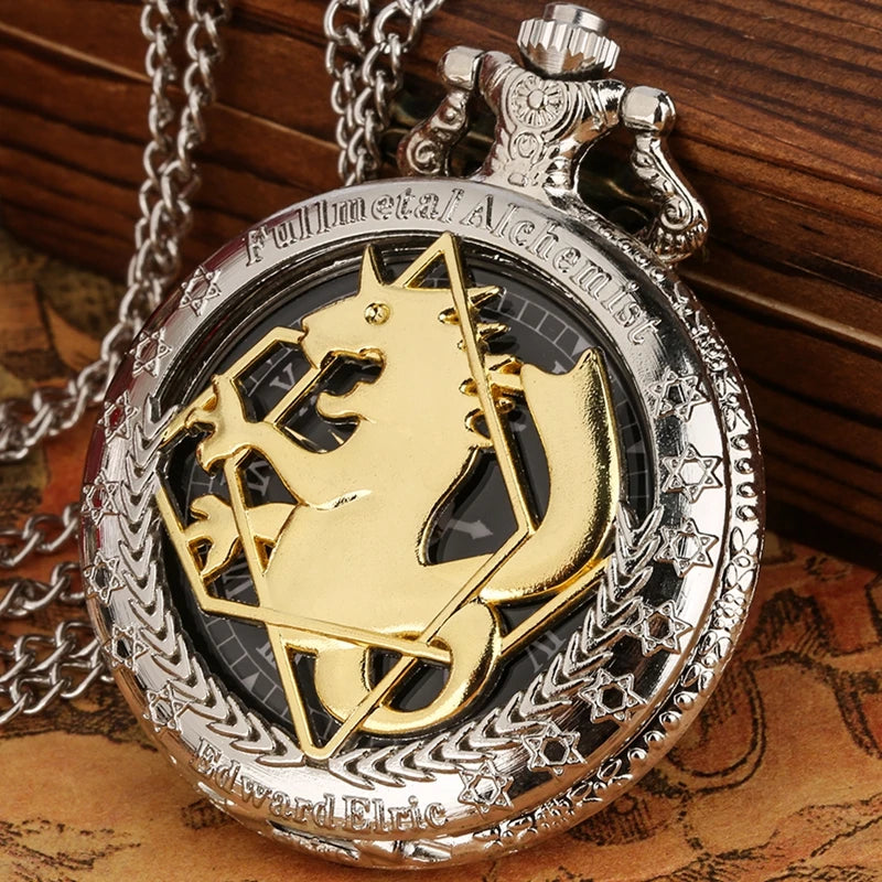 Vintage preto fullmetal alchemist relógio de bolso quartzo steampunk popular edward elric colar corrente fãs cosplay anime relógios